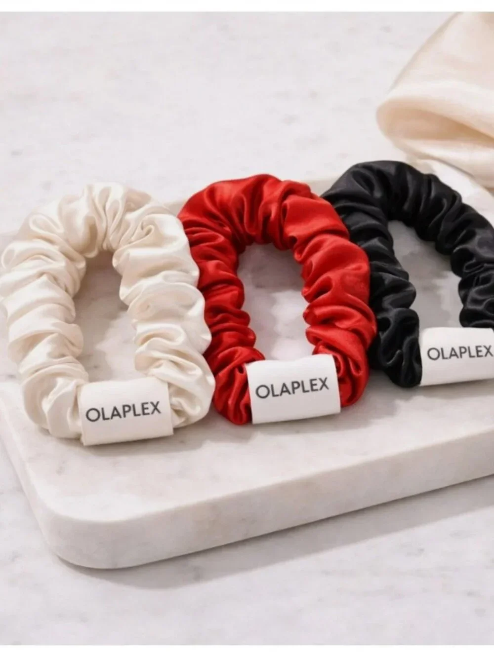 Olaplex Set of 3 Satin Scrunchies — Black, Red, Cream BRAND NEW